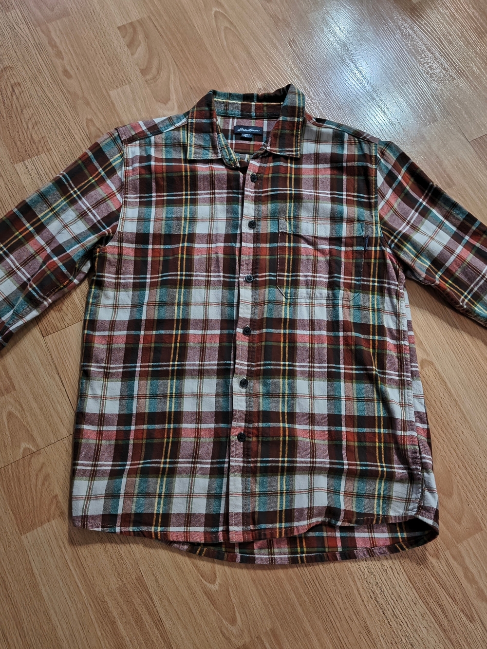 Eddie Bauer Men's Casual Plaid Button-Down Shirt in Brown and Cream